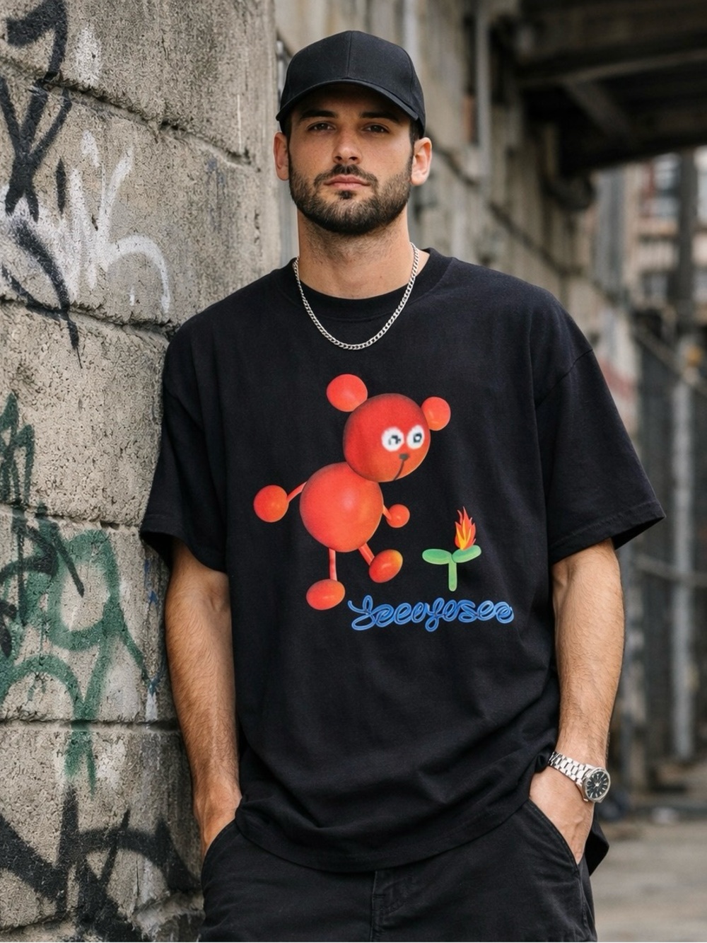 Black Short-Sleeve Tee with Red Bear Graphic